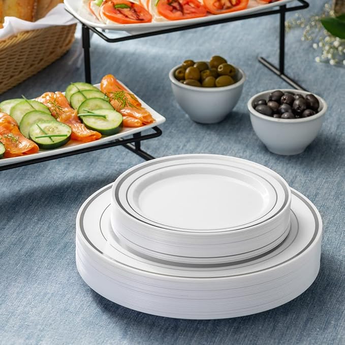 SETUP [60 Piece Combo Silver Trim Plastic Plates - Premium Heavy-Duty 30 Disposable 10.25" Dinner Party Plates and 30 Disposable 7.5" Salad Plates