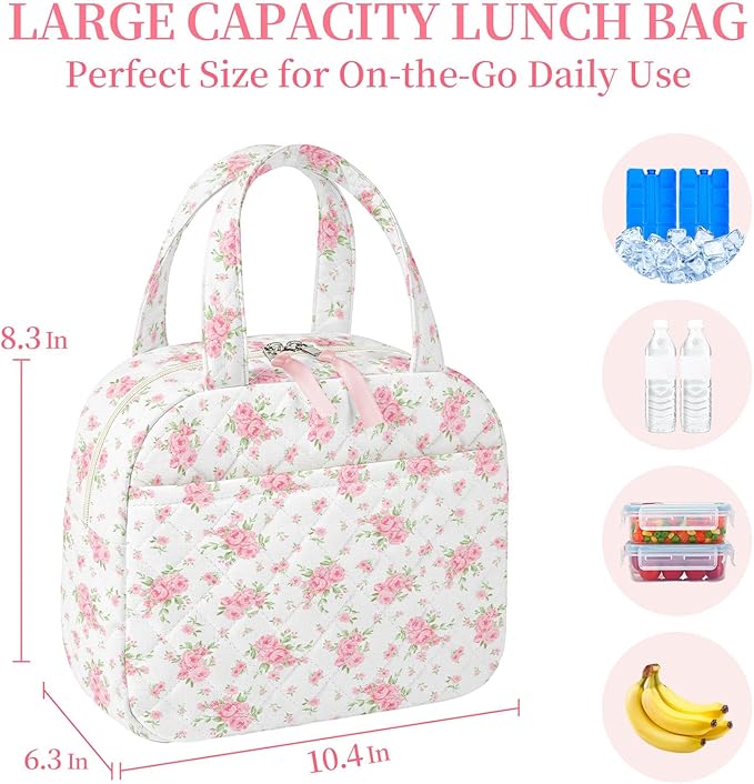 Quilted Lunch Box for Women,Coquette Aesthetic Lunch Box for Teen Girls,Cute Floral Lunch Bags for Work, School,Office,Picnic,Travel (Big Pink Floral)