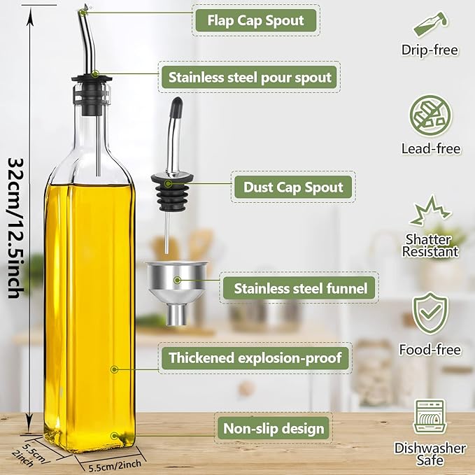 17oz Olive Oil Dispenser Bottle, 500ml Oil & Vinegar Cruet with 2 Stainless Steel Pourers, 2 Labels,1 Brush and 1 Funnel for Kitchen