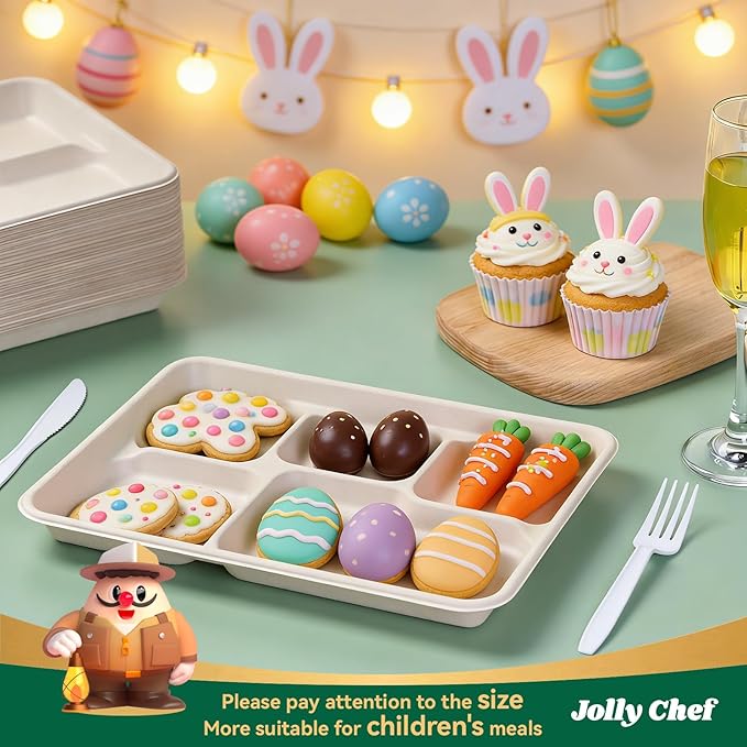 JOLLY CHEF Compostable 𝟱 Compartment Paper Plates 𝟭𝟭 * 𝟴 𝗶𝗻𝗰𝗵 [𝟱𝟬𝟬 𝗣𝗮𝗰𝗸] Heavy Duty White Divided Disposable Plate Eco-Friendly Biodegradable Food Trays for Party Lunch Dinner Christmas