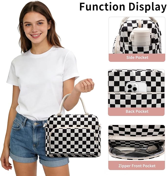 Lunch Box for Women Insulated Lunch Bag Women Adult Cute Lunch Bags Reusable Lunchbox Cooler Tote Bag for Work Picnic (Black-White Plaid)