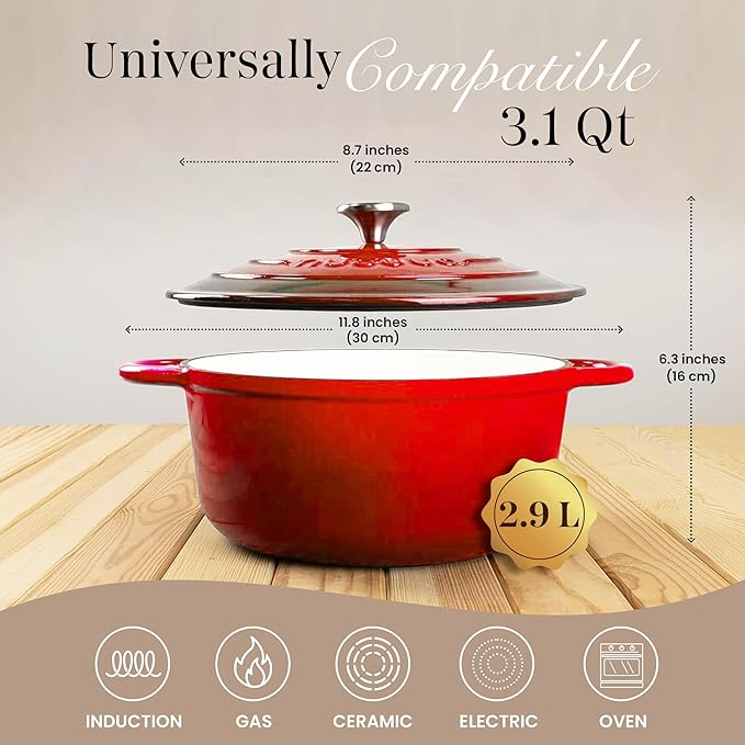 Cast Iron Dutch Oven with Lid – Non-Stick Ovenproof Enamelled Casserole Pot – Sturdy Dutch Oven Cookware – Red, 3.1-Quart, 22cm – by Nuovva