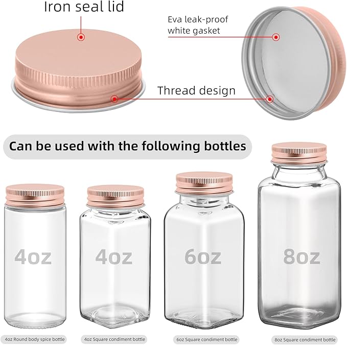 48 Pcs iron Jar Lids Lids for 4 oz and 6 oz Square Spice Jars Reusable Can Airtight Spice Storage Canning Lids for Nice Sealing Kitchen (Rose gold)