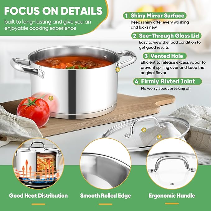 TeamFar Stainless Steel Stock Pot, 4-quart Tri-ply Base Stockpot Cooking Pasta Pot with Lid, for Induction Gas Glass Electric, Healthy & Heavy Duty, Ergonomic Handles & Straight Side, Dishwasher Safe