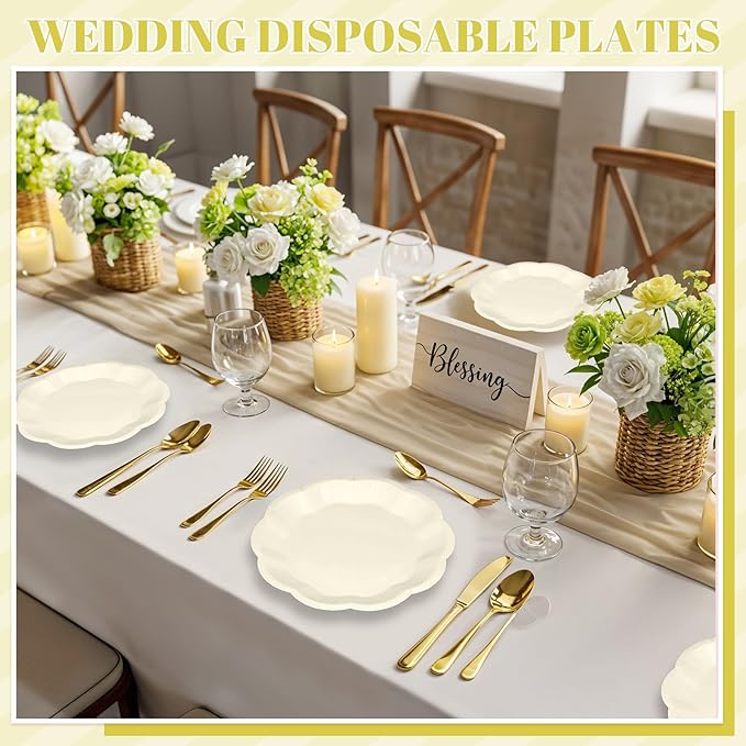 30 Pcs Paper Plates 7 In Ivory Party Plates Scalloped Paper Plate Cute Disposable Cake Plate for Baby Shower, Bridal Shower, Birthday, Wedding