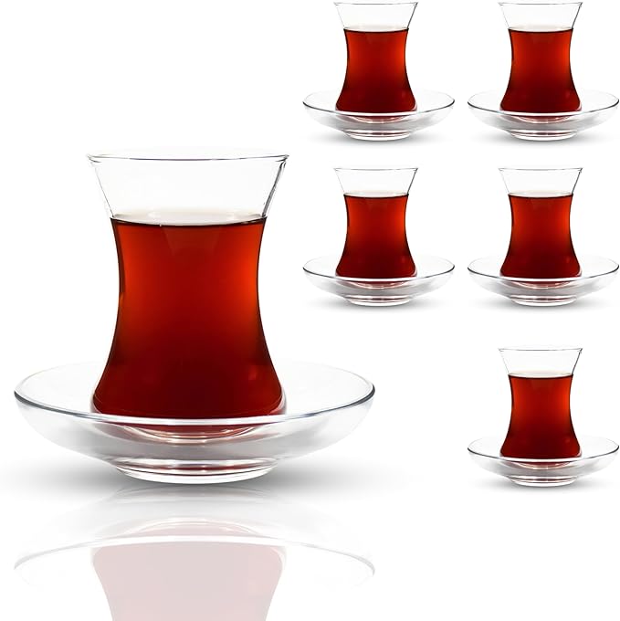 ums Turkish Tea Glass Set, Slim Waist Design and Thick Sole Prevent Tea From Getting Cold, Easy to Keep for 24 People, 24 Saucers, 24 Glasses, Useful Set (48 Pieces)