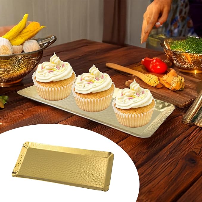 Antrader Hammered Rectangular Platter Serving Tray,Stainless Steel Decorative Storage Tray, Gold (10-Inch by 4-Inch)