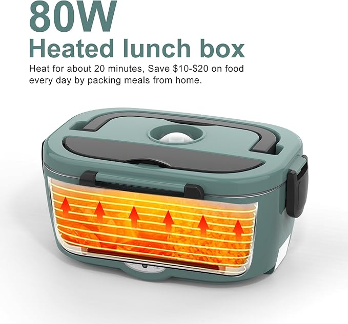 Green Electric Lunch Box Food Heater 80W Heated LunchBox for Adults, 12V 24V 110V 220V Lunch Warmer Portable for Work Car Truck Jobsite Work with 304 Stainless Steel Container Christmas Gift