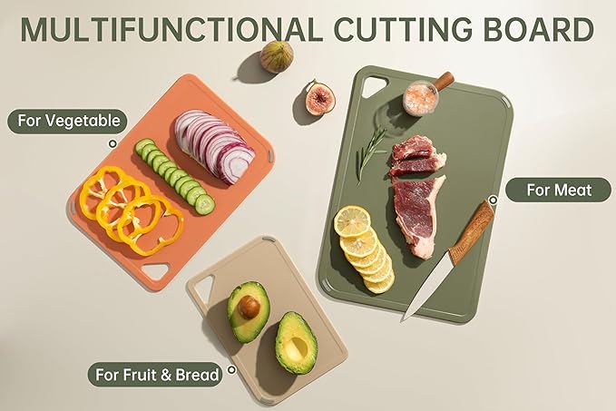 Plastic Cutting Board Set, Cutting Boards for Kitchen BPA Free, Large-Small Chopping Boards Set of 3 Non-Slip for Cooking Camping Dishwasher Safe, Reversible, with Grip Handle, 15"×10"×0.6"