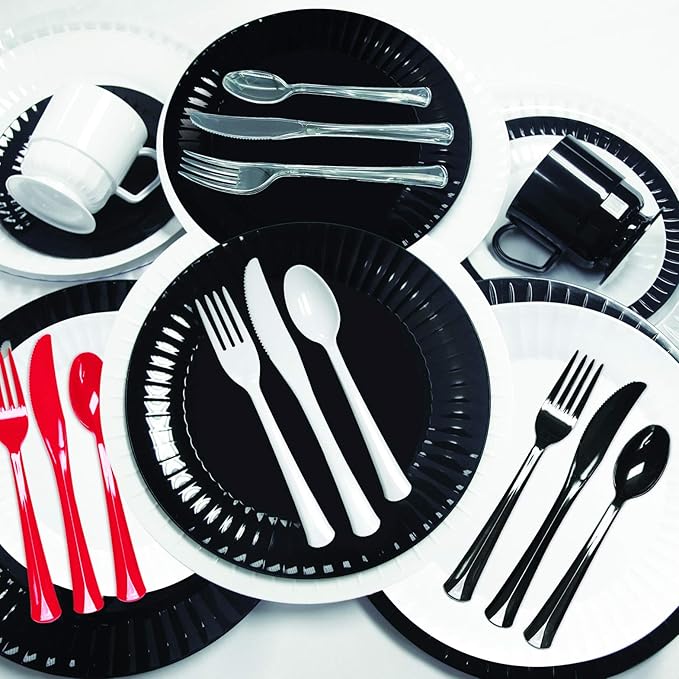 Party Essentials Extra Heavy Duty Hard Plastic Cutlery Combo Pack, Full Size Knives/Forks/Spoons, Black, 48-Pieces/ 16-Place Settings (N1224BK-2)