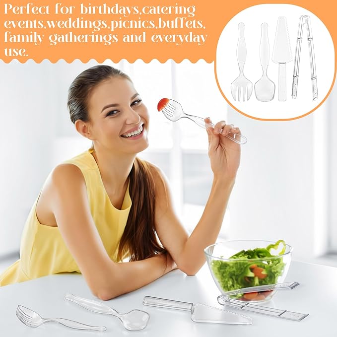 50 Pcs Disposable Plastic Serving Utensils Set Include 8.5'' Serving Spoons Forks 9'' Tongs and Knives for Birthday Party Buffet Dinner Food Salad Utensils Christmas (Clear)