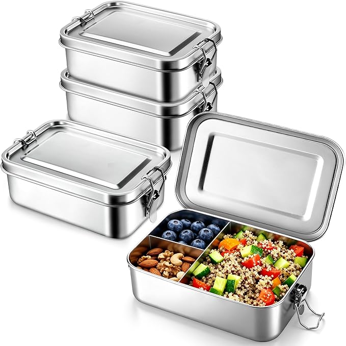 E-far 4 Pieces Stainless Steel Bento Box, Large 2400ml Metal Lunch Box, 81oz Leak-Proof Lunch Food Container with Lids and Divider, Reusable Meal Storage for Camping Picnic Travel Work