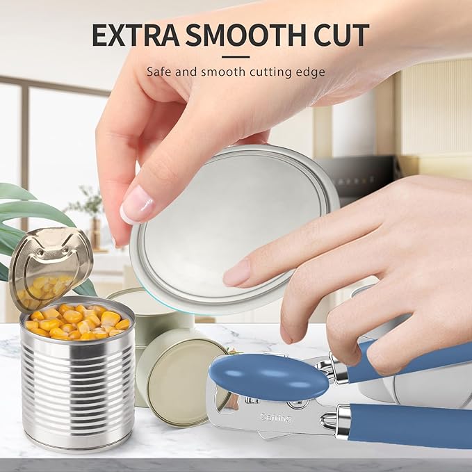 Can Opener Manual, Heavy Duty Stainless Steel Smooth Edge Can Opener With Soft Touch Handle, Oversized Handheld Easy Turn Knob, Multi-Function Bottle Opener, Blue