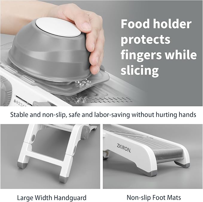 Large Mandoline Slicer for Kitchen - Professional Stainless Steel Onion Slicer & Cabbage Shredder, Integrated 2-in-1 Blade for Waffle & Smooth Cuts, Safety Hand Guard Included (Gray)