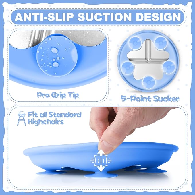 OVV Stainless Steel Kids Plates (3 Pack) 9 Inch Toddler Divided Plates with ﻿Removable Silicone Sleeves & 5 Suction Cups Baby Self Feeding | Mess-Free Mealtime | Dishwasher Safe