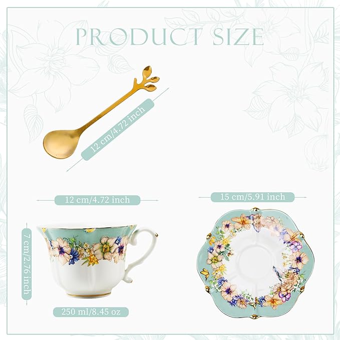 Country Roses Porcelain Tea Cup and Saucer Set with Gold Trim, Vintage Style, For Women and Tea Parties (2, Light Cyan)