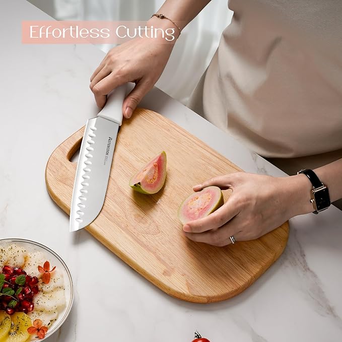 Astercook Knife Set for Kitchen 15 Piece with Block and Sharpener Kitchen Knives with Ceramic Coating Sharp Blade Dishwasher Safe Deba Knives with Anti-slip Ergonomic Handle, Elegant White