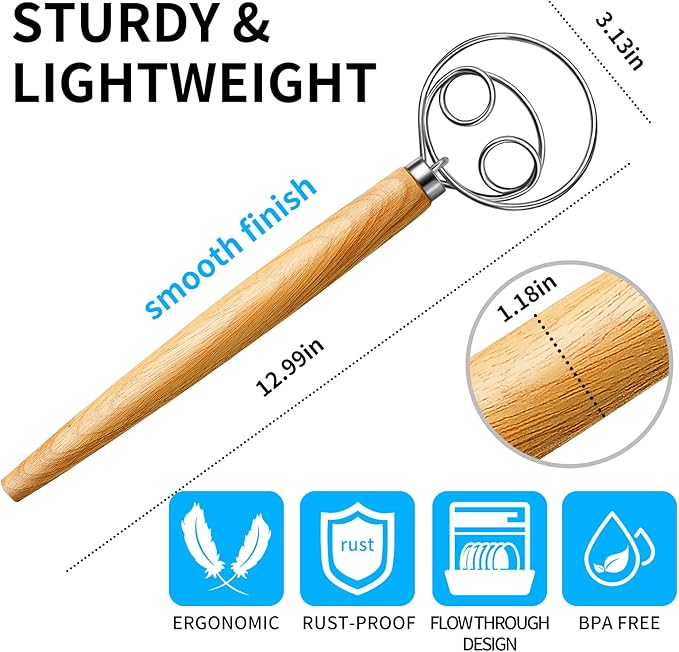 TEEVEA Danish Dough Whisk Stainless Steel Dough Hook Dutch Whisk for Sourdough Bread Mixer Hand with Wooden Handle Kitchen Whisking Mixing Tool Bread Making Tools