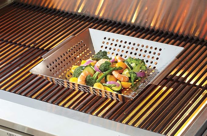 Mr. Bar-B-Q Stainless Steel Skillet Large Strainer Perfect for Cooking Seafood & Vegetables Grill Basket Built In Handles Stainless Steel for BBQ Grill Camping Backpacking Grilling Accesories 06034Y