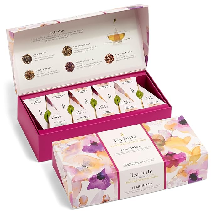 Tea Forte Easter Gifts for Adults -Premium Petite Presentation Box Gift Set Sampler, 10 Count, 2 of Each Blend Individually Wrapped Handcrafted Pyramid Infuser Bags, Mariposa Tea