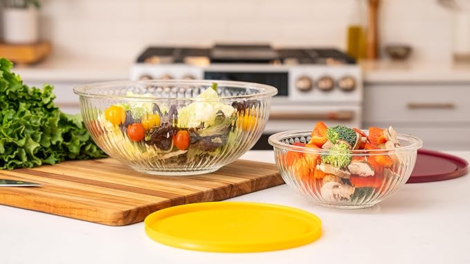 Sculpted 3 Pack Glass Mixing Bowls (1.1 QT, 2.1 QT, 3.7 QT) – Borosilicate Glass Bowls with Airtight BPA-Free Lids, Nesting Bowls for Baking and Prepping Food, Oven, Freezer & Microwave Safe