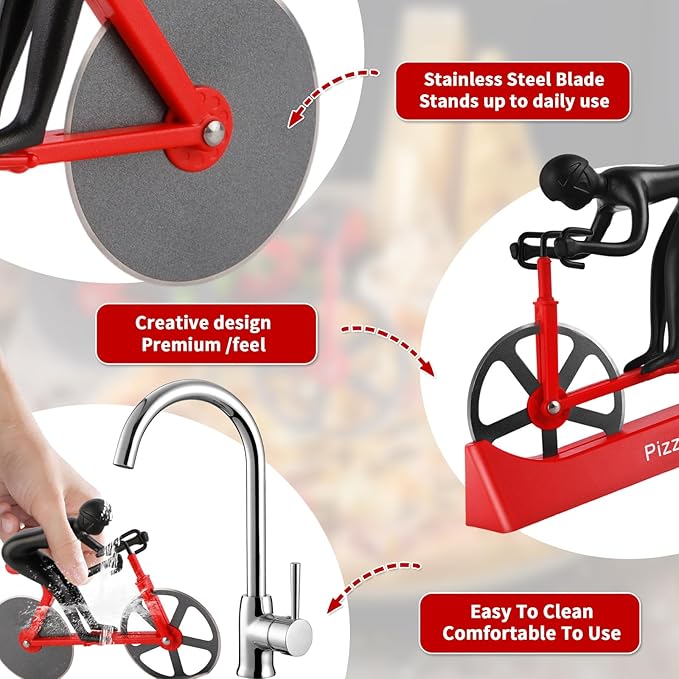 Bike Pizza Cutter,Bicycle Pizza Slicer,Stainless Steel Pizza Cutter Wheels with Stand,Unique Kitchen Gadget,Gifts for Cyclists Men,Cool Men’s Gift