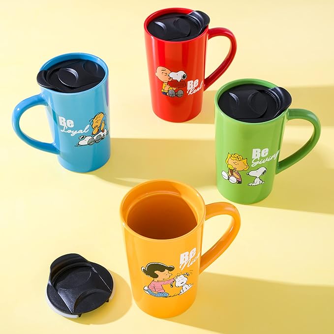 Peanuts Snoopy Gentle Reminders 18oz Travel Cup w/Lid, Stoneware, 4-Pack, Assorted Colors