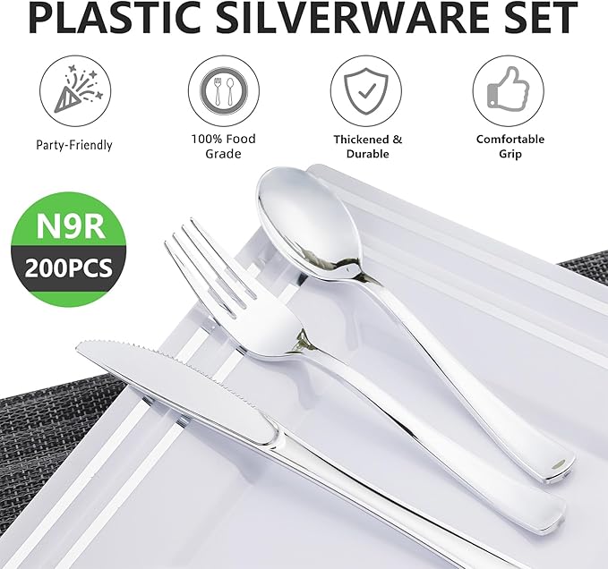 N9R 200 PCS Gold Plastic Silverware - Disposable Gold Plastic Silverware Cutlery Set, 100 Forks, 50 Spoons, 50 Knives for Party, Birthday, Wedding
