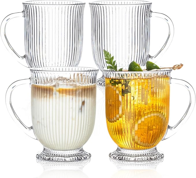 Glass Coffee Mugs Set of 4, Ribbed Large Coffee Mug 16 Oz With Handles for Hot Beverages, Clear Mugs for Tea, Cappuccino, Latte, Espresso Coffee, Glass Coffee Cups Large Coffee Mug, for Hot Beverages
