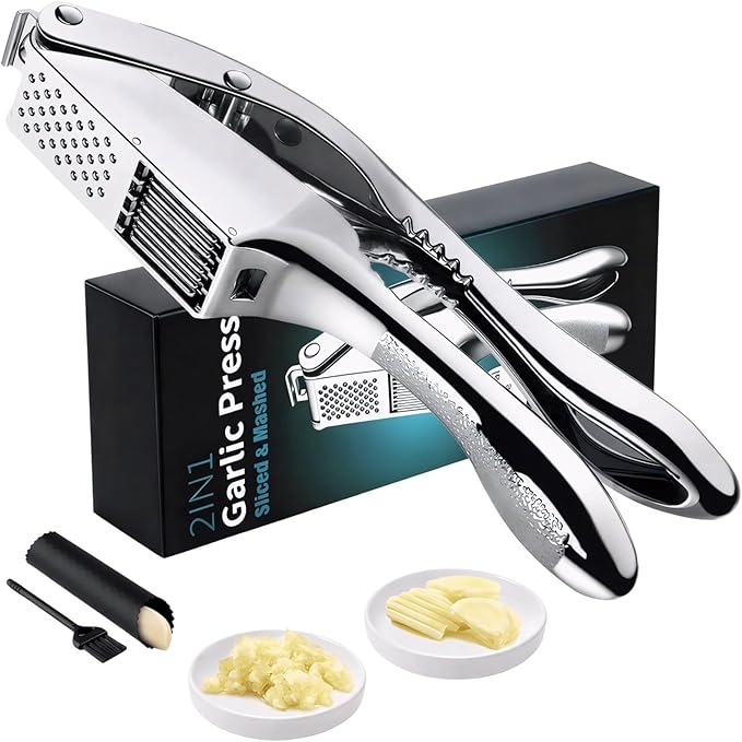 3 in1 Garlic Press Stainless Steel – Heavy Duty Garlic Crusher & Mincer with Cleaning Tool, Ergonomic Easy Squeeze Handle, Rust-Proof Dishwasher Safe Garlic Mincer for Kitchen