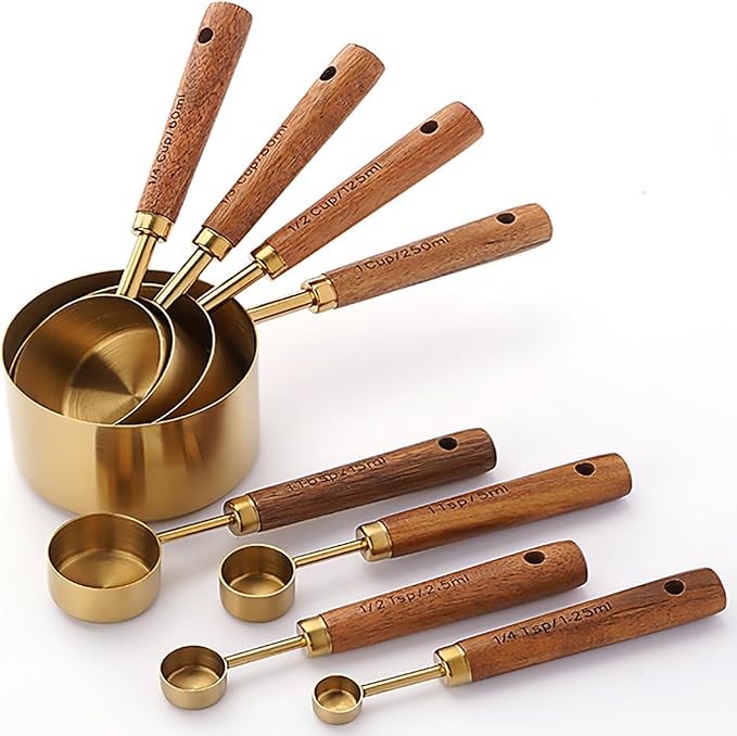 Measuring Cups and Spoons Set of 8, Stainless Steel Gold Measuring Cups Kit with Wooden Handle, Kitchen Cooking Baking Spoons Tool Set for Solid and Liquid Iingredients