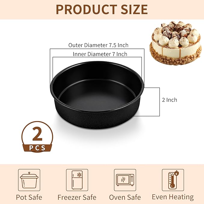 P&P CHEF Non-stick Cake Pan Set of 2, 7 Inch Round Baking Cake Pans Tins for Tier Smash Cakes, Non-Toxic & Solid, Stainless Steel Core & Leak-Proof, 2Pcs