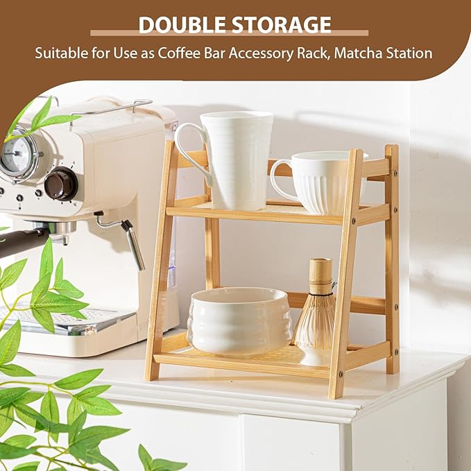 1 Pcs 2 Tier Matcha Station Shelf Bamboo Coffee Mug Stand Countertop Storage Rack, Double Layer Rattan Office Cup, Kitchen, Tea, Plant, Bar Accessories Condiment Display(Wood,10.2 Inch)