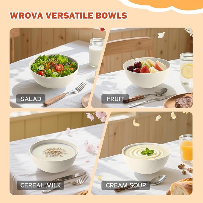 Wrova Wheat Straw Bowls with Lids Set of 4, Unbreakable Cereal Bowls 40oz, Microwavable Salad Container for Lunch Alternative to Plastic Bowl, Dishwasher Safe Bowl for Kitchen & Outdoor-Beige