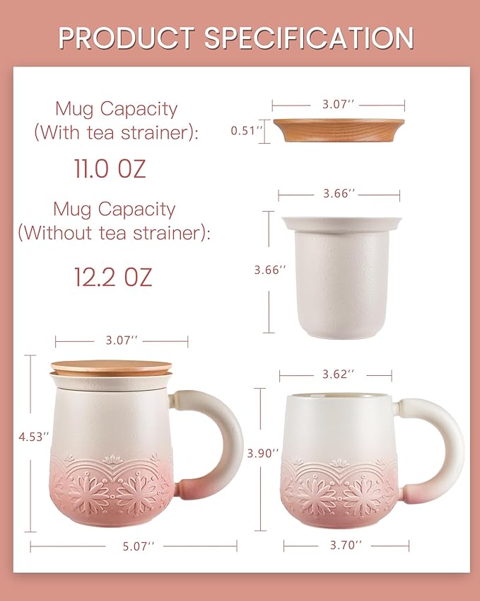 ZENS Tea Cup with Infuser and Lid for Loose Leaf Steeping, 11oz Embossed Ceramic Tea Infuser Mug, Wood Lid Tea Diffuser for Black Tea Lovers Gifts, Pale Pink