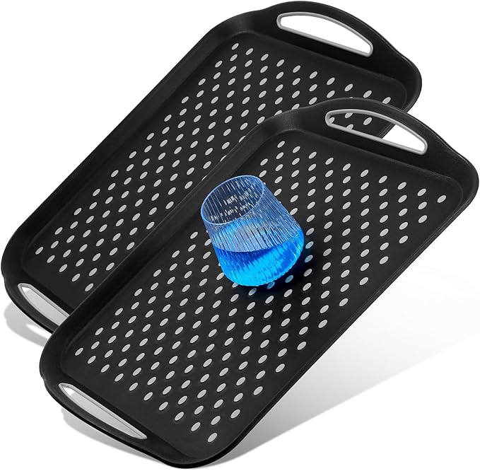 2Pcs Large Nonslip Serving Tray with Handles, Silicone Grippy Dots Lap Trays for Eating on Couch, Serving Trays for Snack Fruit Dessert Breakfast Drink, Dishwasher Rectangular