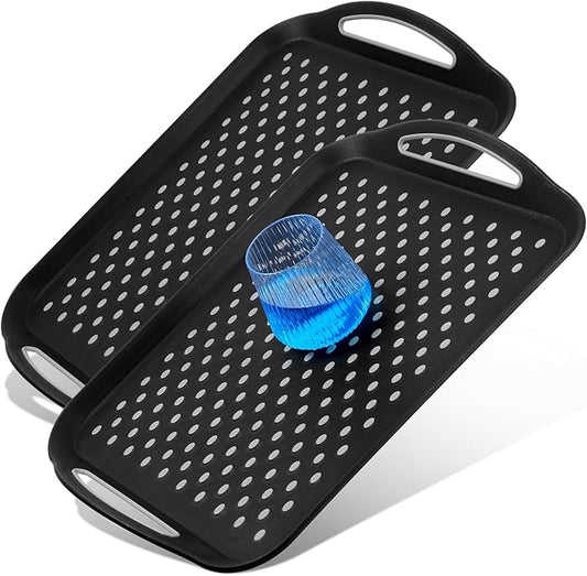 2Pcs Large Nonslip Serving Tray with Handles, Silicone Grippy Dots Lap Trays for Eating on Couch, Serving Trays for Snack Fruit Dessert Breakfast Drink, Dishwasher Rectangular