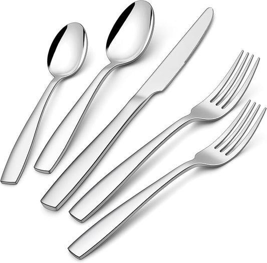 20-Piece Heavy Duty Silverware Set for 4, E-far Stainless Steel Flatware Cutlery Set, Thick Metal Tableware Eating Utensils Include Forks Spoons Knives, Square Edge & Mirror Polished, Dishwasher Safe