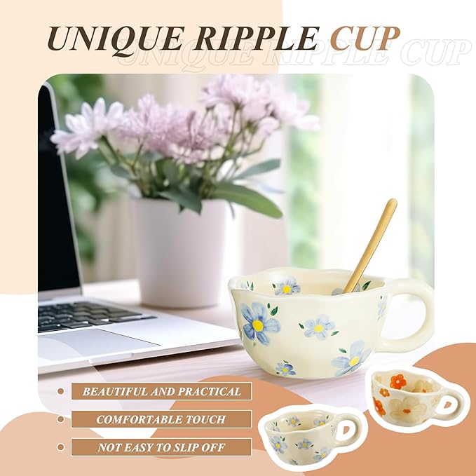 Vesici 2 Pcs Ceramic Coffee Mugs with Spoon, Vintage Floral Spring Mugs with Handle, 8.5 oz Aesthetic Flower Porcelain Tea Cup Set, Dishwasher & Microwave Safe for Home Office Gift(Vivid)