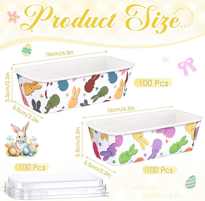 LemonRoad 100 Pcs Easter Mini Loaf Pans with Lids 6.3 x 2.2 x 2.2 Inch Rabbit Disposable Paper Baking Pans Bulk, Easter Baby Shower Baking Party Supplies for Cake Bread Oven Bakery
