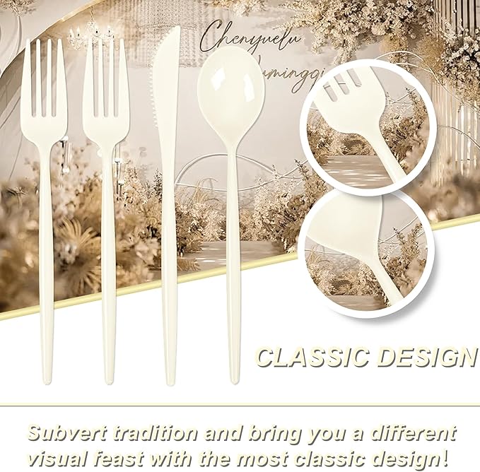 Supernal 180pcs Plastic Silverware Heavy Duty Ivory Plastic Utensils Cutlery Disposable Beige Party Silverware Include 60 Forks,60 Knvies,60 Spoons Disposable Cutlery for Party,Wedding,New Year