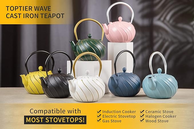 Tea Kettle, TOPTIER Japanese Cast Iron Teapot with Stainless Steel Infuser, Cast Iron Tea Kettle for Stove Top, Wave Design Teapot Coated with Enameled Interior for 30 Ounce (900 ml), Navy Blue