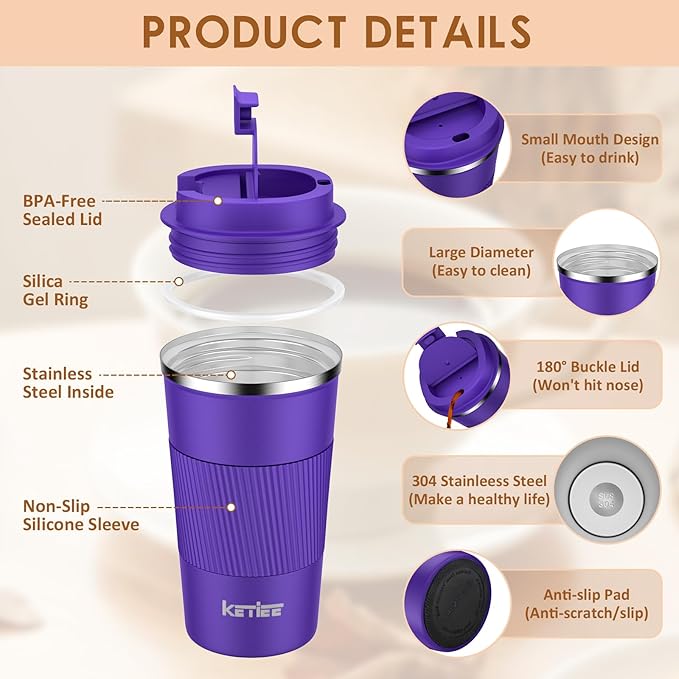 KETIEE 12oz Coffee Mug: Vacuum Insulated Coffee Cup with Leakproof Lid, Travel Coffee Mug Stainless Steel Double Walled Reusable Coffee Cup for Hot and Cold Water Tea (Purple)
