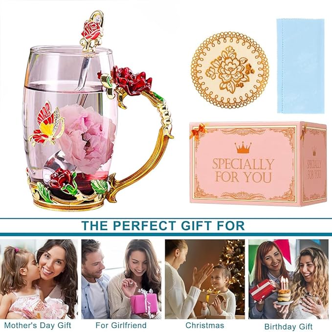 Birthday Gifts For Women,Enamel Butterfly Flower Glass Tea Cup Rose Red Coffee Mug,Cute Gifts For Mom Grandma Women Wife Female Friend on Mothers day Anniversary Christmas Valentines