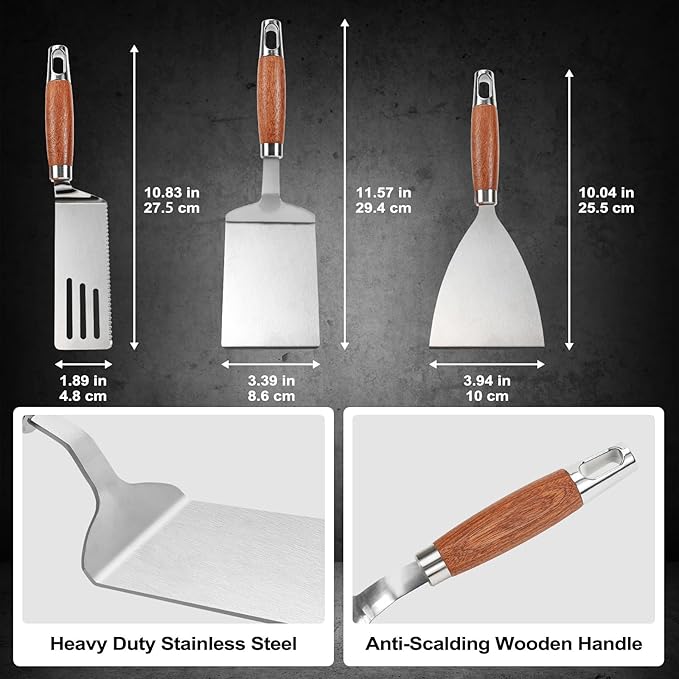 Stainless Steel Spatula Set of 3, Metal Spatulas for Cast Iron Skillet, Heavy Duty Spatulas for Kitchen Use with Wooden Handle, Griddle Grill Spatula Flipper for Pancake, Fish, Smash Burger, Egg