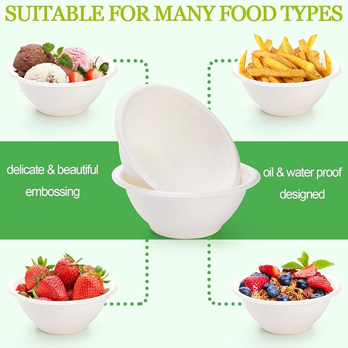 Yesland 250 Pack 8 oz Natural Biodegradable Sugarcane Bowls, White Small Disposable Paper Bowl Compostable Bagasse Soup Bowls, Microwave Chili Bowl for Salad, Dessert, Snack, Hot Soup