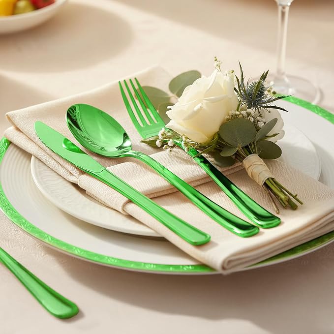 153 Count Heavy Duty Plastic Silverware - 51 Forks, 51 Knives, 51 Spoons Green Disposable Plastic Utensils Set Plastic Flatware Bulk Cutlery Sets for St. Patrick's Day Party Dinner Wedding Gathering