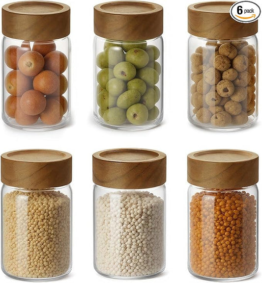 6pc 8 fl oz Glass Mason Jars with Acacia Wood Airtight Lids - Food Storage Container Set, Clear Stackable Leakproof Kitchen Canisters for Meal Prep/Snack Organization/Spice Storage
