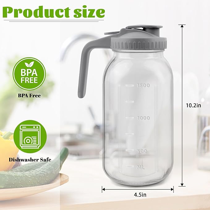 64 Oz Glass Pitcher with Lid 2 Pack, 2 Quart Heavy Duty Breast Milk Pitcher, Thickened Glass, Leak-Proof, Wide Mouth Mason Jar with Pouring Airtight Lid,Ideal for Fridge Storage(pack of 2)