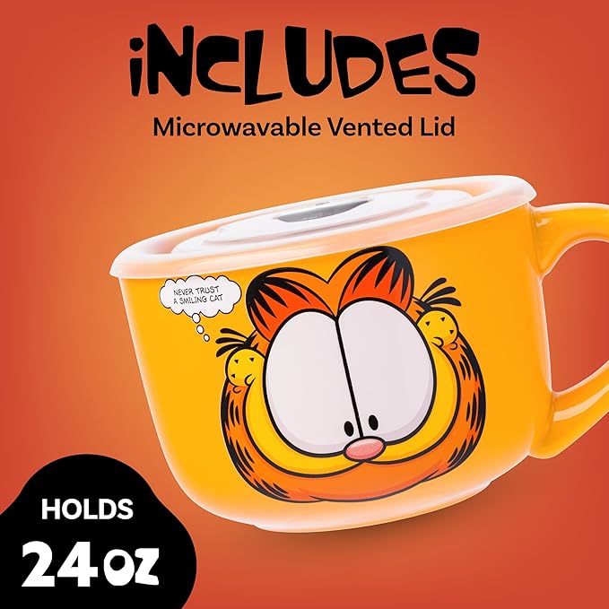 Silver Buffalo Garfield Never Trust a Smiling Cat Featuring Odie, Arlene, Nermal, and Pooky Ceramic Soup Mug with Vented Plastic Lid, 24 Ounces